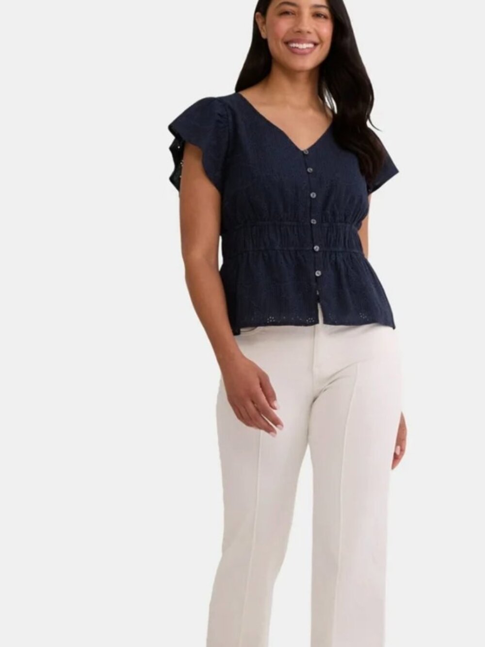 Navy Eyelet Peplum Blouse Flutter Sleeve Size M(8/10) - Picture 5 of 6
